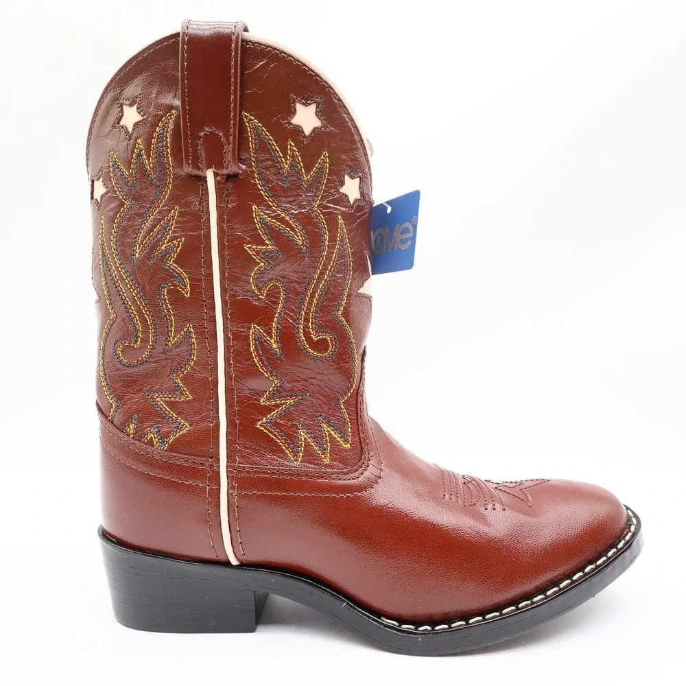 Acme Vintage Style Western Boots Kids 3 Brown Leather NWT AC146 Star Inlay